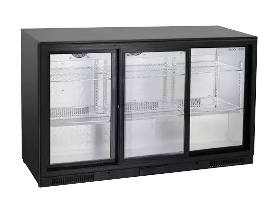 Lodówka minibar czarna, trzydrzwiowa przesuwna 302 l (wys. 860 mm) | CoolHead, BBC386S 1