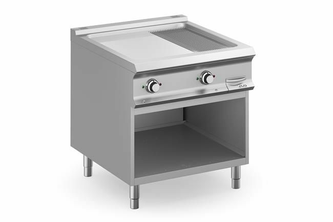 Płyta grillowa elektryczna 2/3 gładka 1/3 ryflowana chromowana podwójna na podstawie z 3 stron zamkniętej linia Domina Pro 900 | MBM, FTBE98ALRC 1