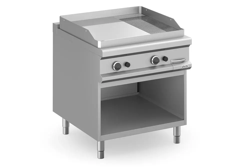 Płyta grillowa gazowa, na podstawie z trzech stron zamkniętej  800x900 -  2/3 gładka, 1/3 ryflowana, chromowana, Magistra Plus 900 | MBM, MFTG98ALRC 1