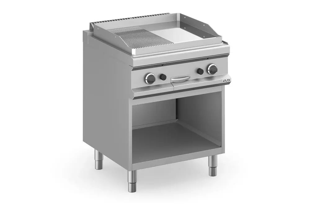 Płyta grillowa gazowa, na podstawie z trzech stron zamkniętej  700x700 - 1/2 gładka, 1/2 ryflowana, chromowana,  Magistra Plus 700 | Grafen, GRMFTG77ALRC 1