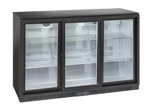 Lodówka minibar czarna, trzydrzwiowa przesuwna 320 l (wys. 900 mm) | CoolHead, BBC330S 1
