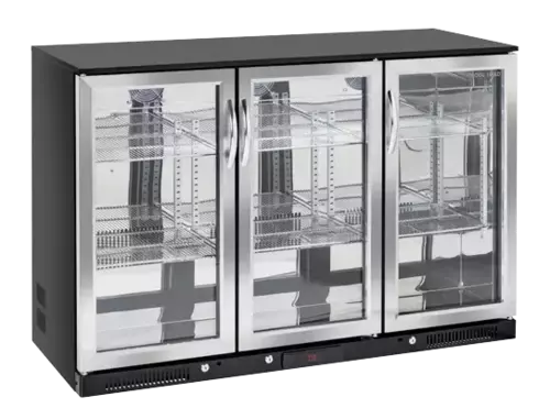 Lodówka minibar czarna z ramą ze stali nierdzewnej, trzydrzwiowa 302 l | CoolHead, BBA348 1